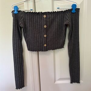 May Pink Front Button Lettuce Edge Off the Shoulder Long Sleeved Cropped Top